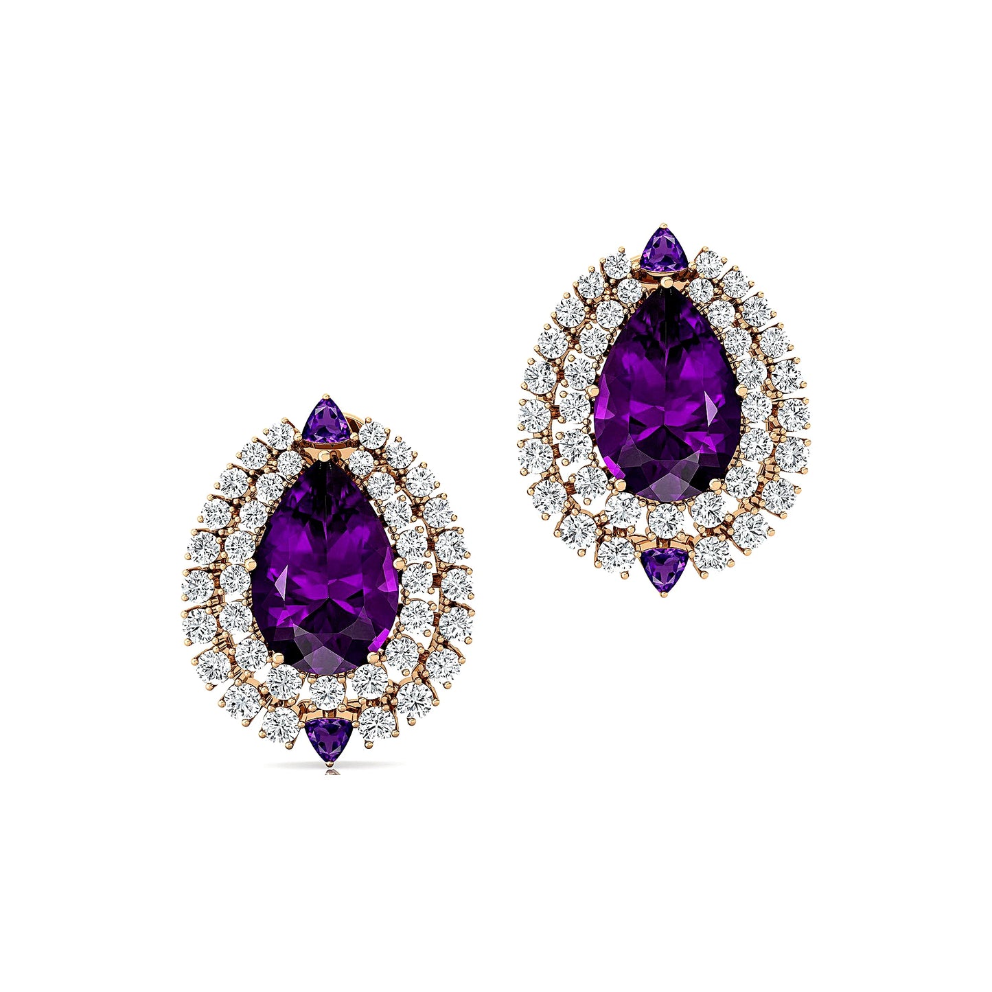 Solid 18k Gold Natural Amethyst Gemstone Diamond Cute Rhodium Plated Luxurious Design Women's Trendy Halo Ear studs For Women