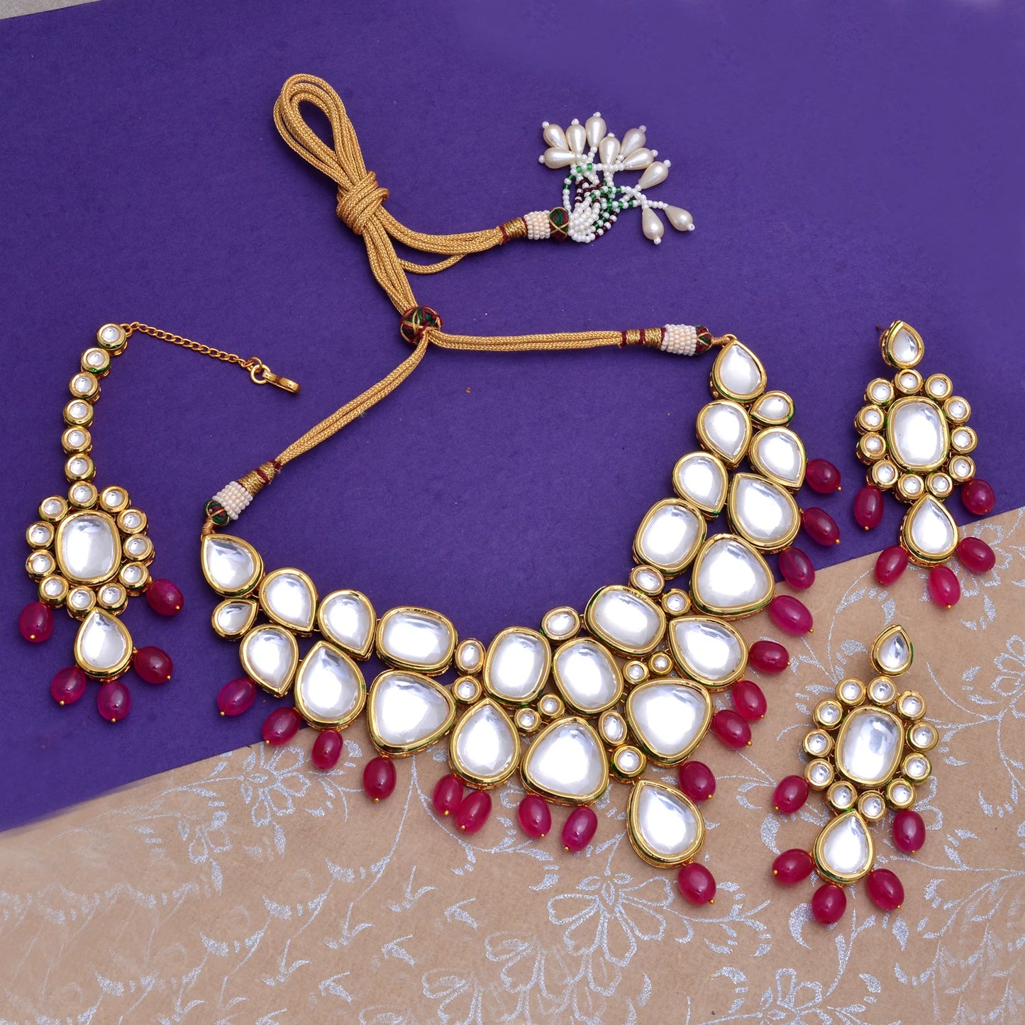 Traditional Gold Plated Indian Partywear Necklace Set with Maang Tika Bridal Kundan Brass Jewelry for Women for Weddings Gifts