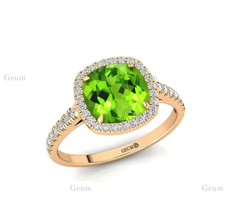 Genuine Peridot 18k Solid Gold August Birthstone Wedding Ring Anniversary Gift Natural Cut Diamond Engagement Ring for Party