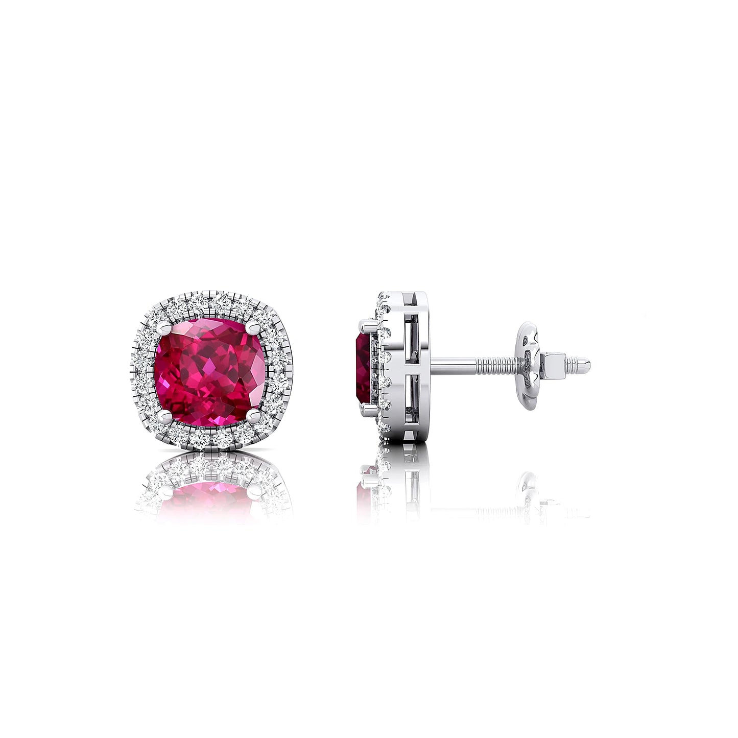 Trendy Lab Grown Pink Sapphire Gemstone & Diamond Halo Stud Earrings 18k Solid Gold Cushion Cut Halo Earrings Handmade Jewelry