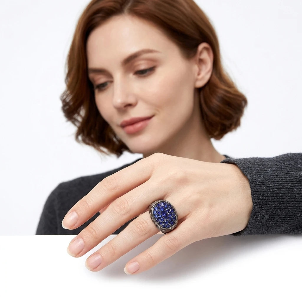 European American Fashion Vintage 925 Sterling Silver Blue Spinel Ring Custom