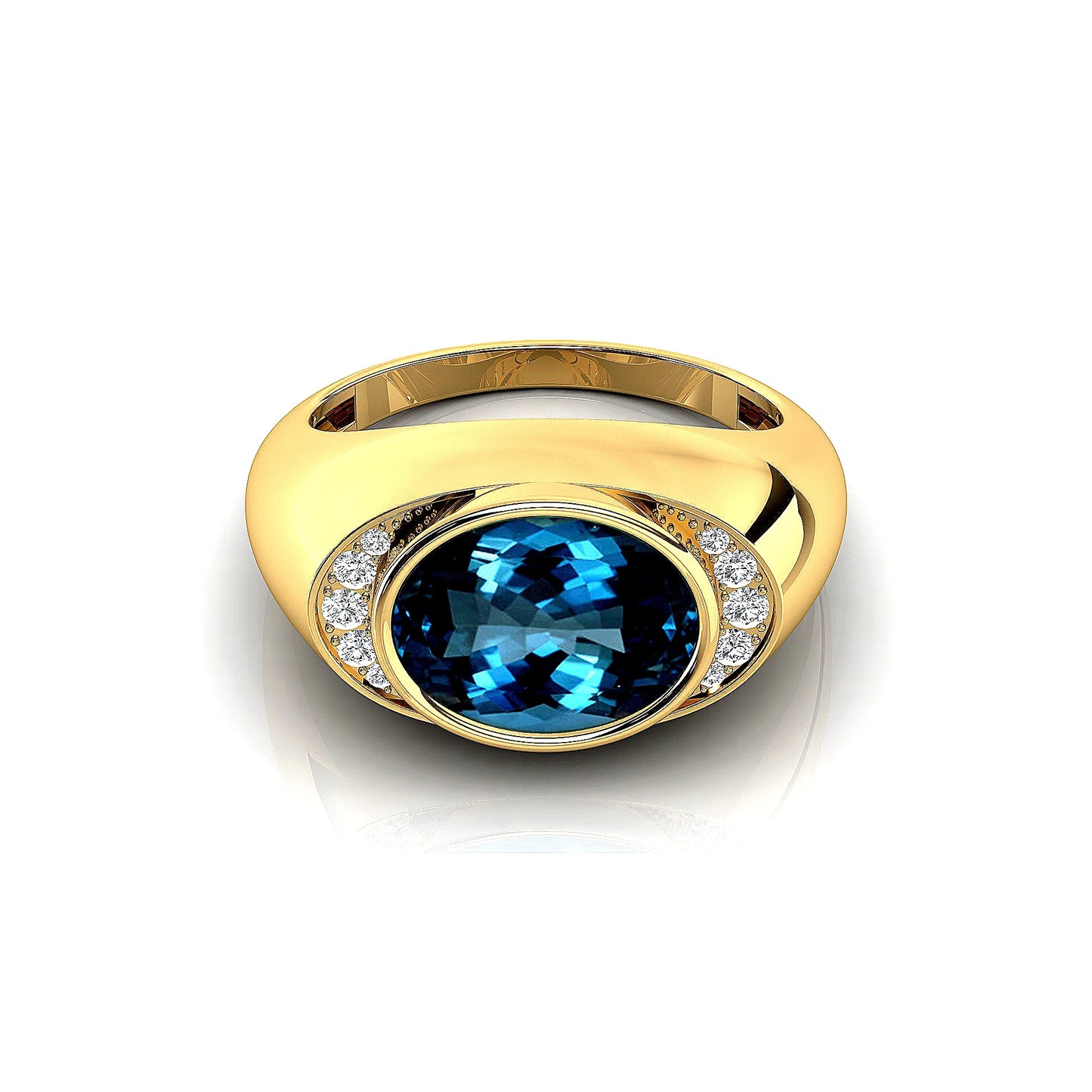 Oval Cut Natural London Blue Topaz Gemstone and Real Diamonds Signet Ring 18k Solid Gold Rhodium Plated Fine Party Gift For Her