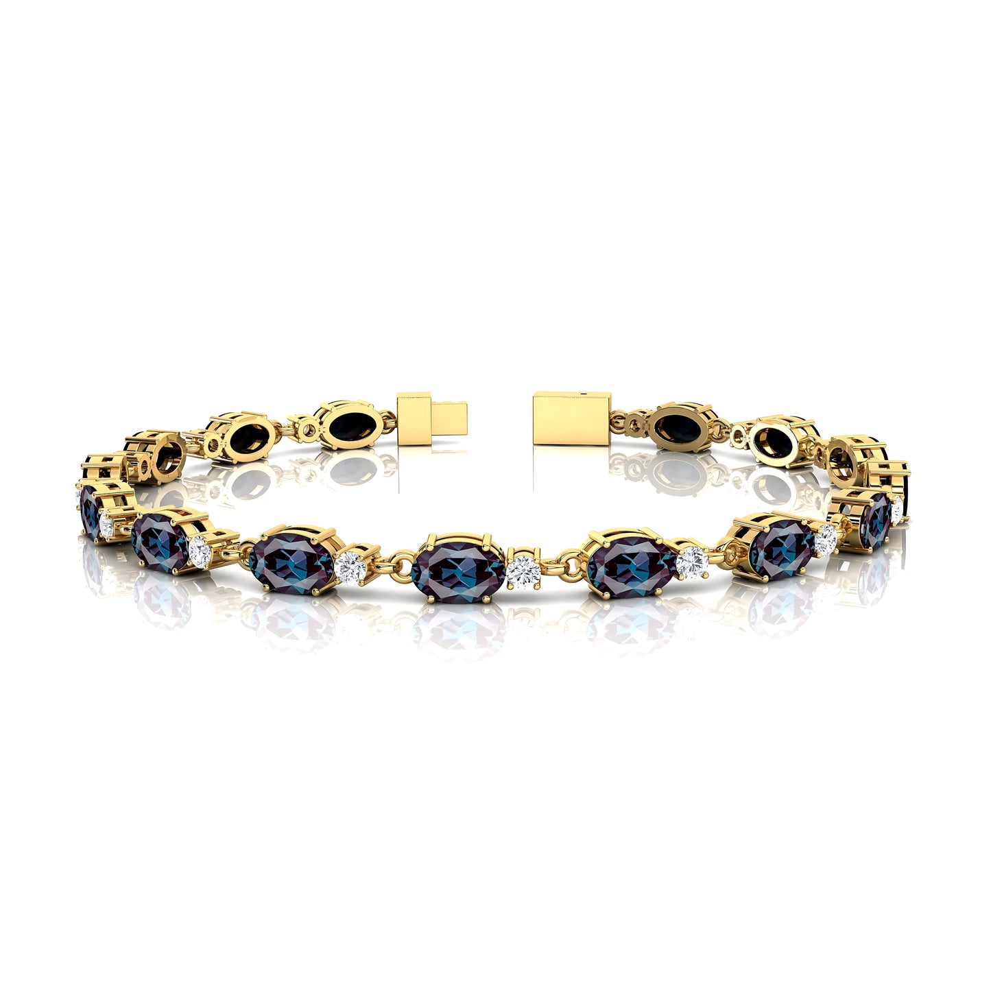 Oval Cut Lab-grown Alexandrite & Natural Round Diamonds Tennis Chain Bracelets Fine Jewelry 14K Gold Tennis Link Chain Bracelet