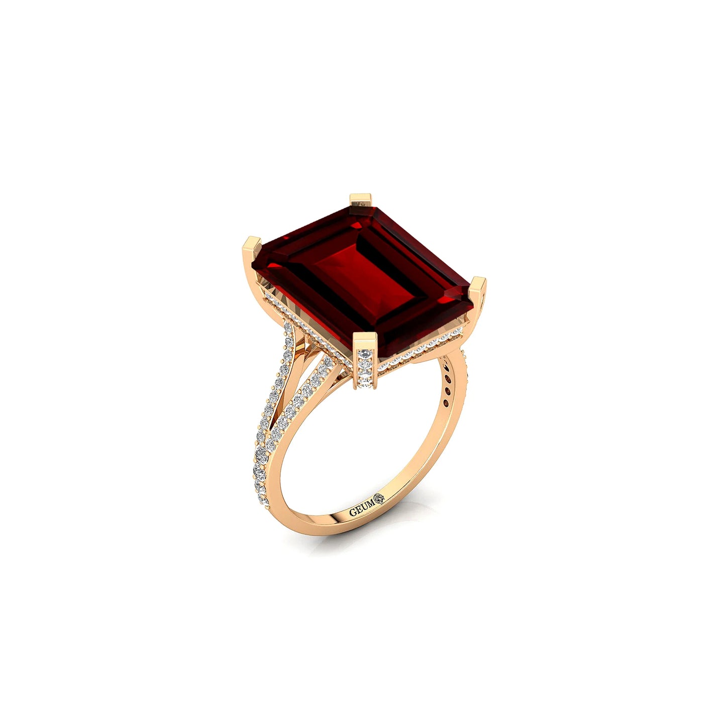 Natural Garnet Gemstone Emerald Cut Birthstone Solid Gold Wedding Ring IGI Certified Genuine Diamonds Rhodium Plated Luxury