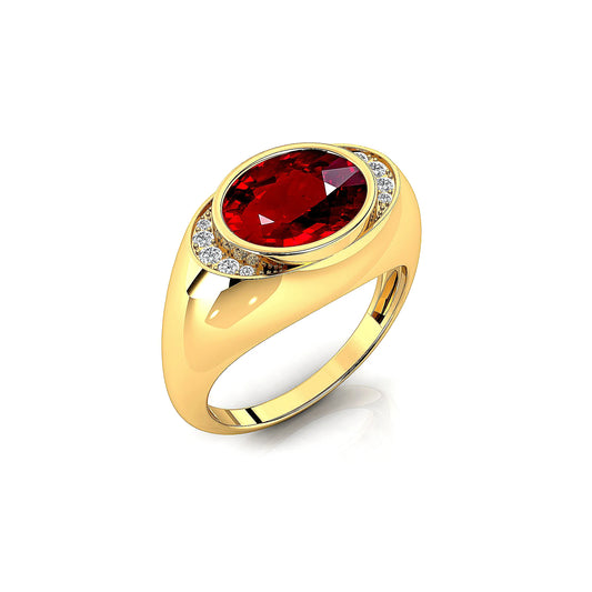 July Birthstone Oval Lab Grown Ruby Halo Signet Ring in 18K Solid Gold with Real White Diamonds Rhodium Plated Wedding Ring Gift