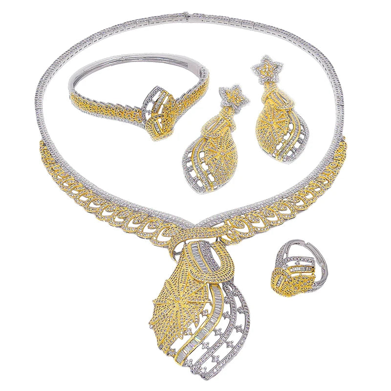 Zhuerrui Cubic Zirconia Costume Jewelry Set Dubai Ladies Brass Necklace Bracelet Earring Ring Wedding Jewelry Sets HZ201101126