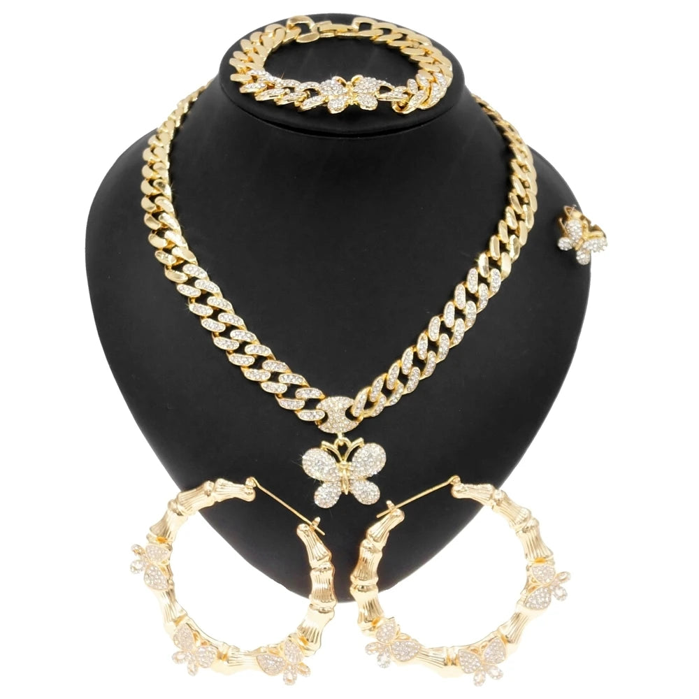 Zhuerrui Butterfly Women's Cuban Chain Bridal Jewelry Sets Famous Brands Hip Hop Style 18 Carat Gold Bridal XO Jewelry Set Z0029