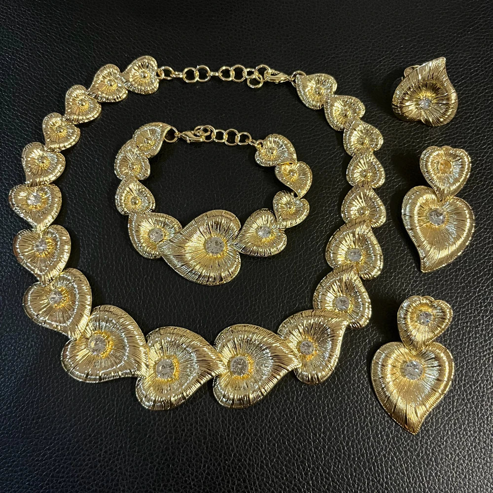 Zhuerrui Italian Gold Plated Jewelry Set for Women Heart Shaped Petal Crystal Necklace Earrings Bracelet Ring Party I004320