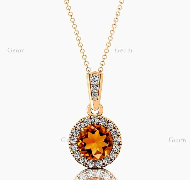 Classic Cute Design Cut Citrine Gemstone Halo Solitaire Charm's Pendant Necklace 14K Solid Gold Rhodium Plated Natural Diamonds
