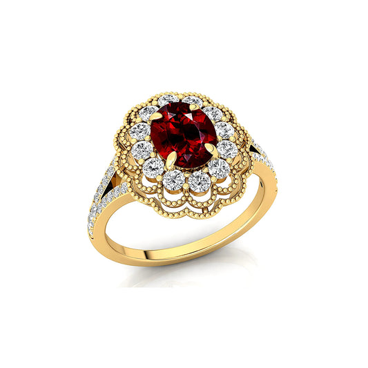 14k Solid Gold Rings Natural Garnet Gemstone Fine Real Diamonds Rhodium Plated Classic Women's Oval Cut Birthstone Halo Ring