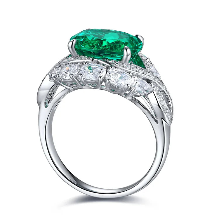 Gemfiori Anster Lab Made Diamonds and Ring S925 Sterling Silver Oval Cut Lab Created Emerald Women Ring