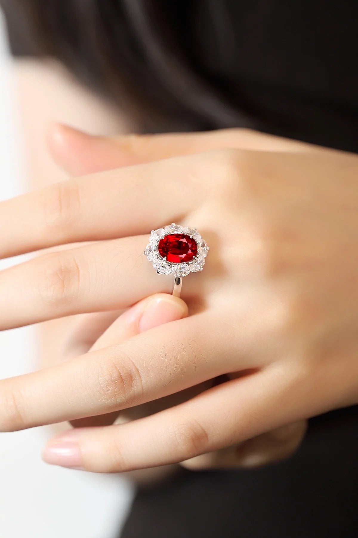 Gemfiori Anster Oval Cut Lab Made Diamonds and Ring S925 Sterling Silver Lab Created Ruby Women Ring
