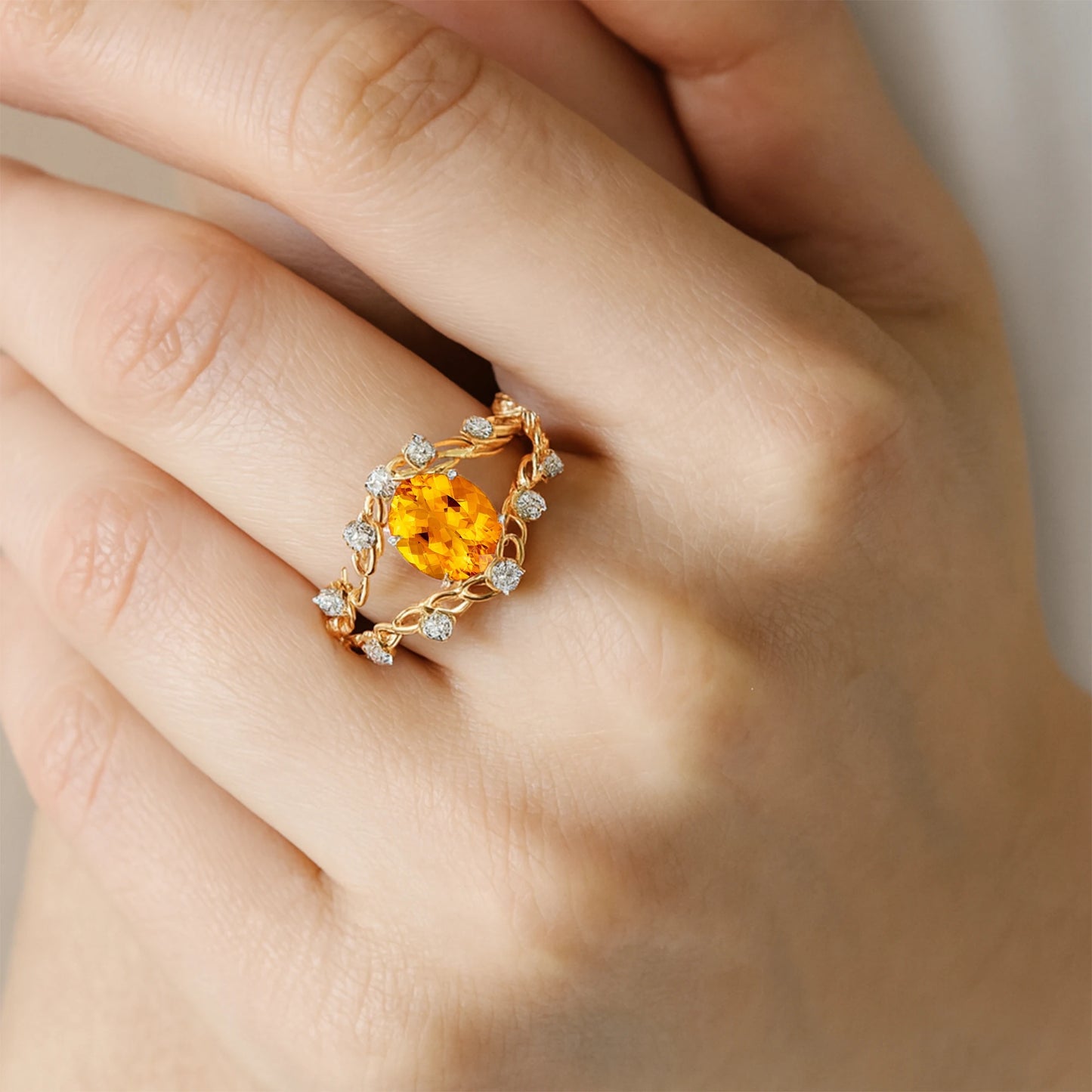 Unique Design Oval Cut 1.25Ct Natural Citrine Gemstone & Diamond Anniversary Rings in 18k Solid Gold Fine Jewelry Wedding Rings