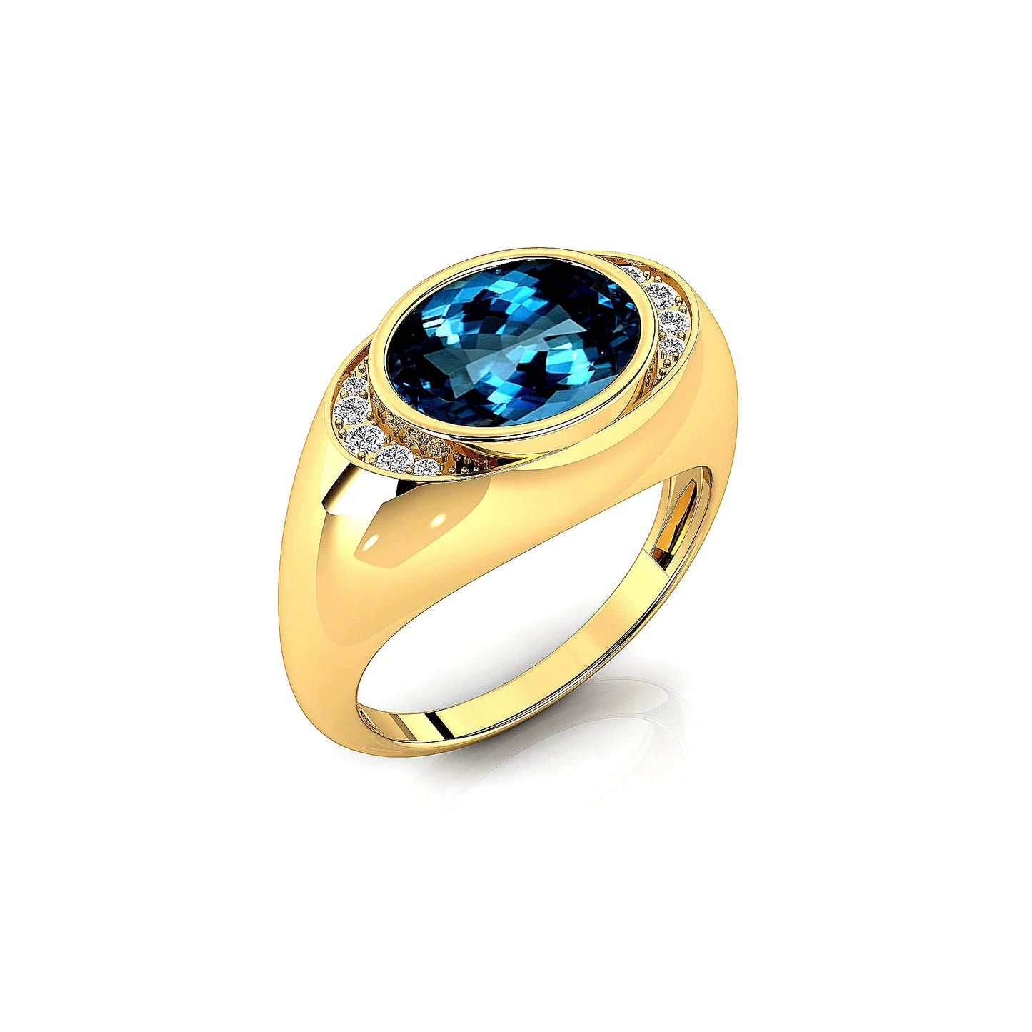 Oval Cut Natural London Blue Topaz Gemstone and Real Diamonds Signet Ring 18k Solid Gold Rhodium Plated Fine Party Gift For Her