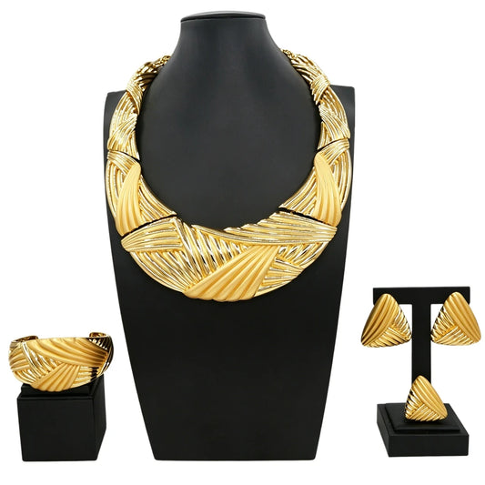 Zhuerrui African Italian Gold Plated Jewelry Set Bold Ribbed Twisted Geometric Choker for Women Wedding Banquet I0057