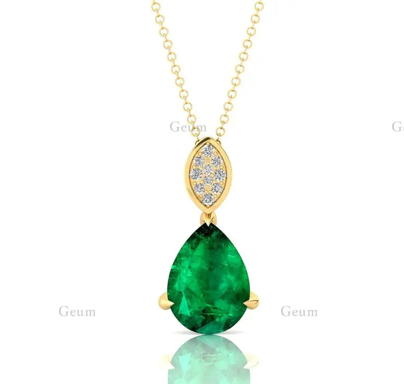 Timeless Design Lab Grown Emerald Pear Shape Prong Setting Cute Style 18k Yellow Gold Jewelry Diamond Pendant Wedding Gift