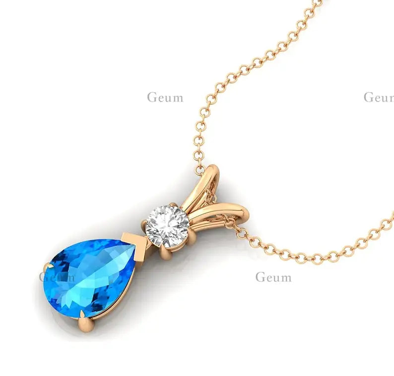 Luxurious Solid Gold Cute Women's Pendant White Diamond for Swiss Blue Topaz Gemstone Charm Necklace Rhodium Plated Third Party