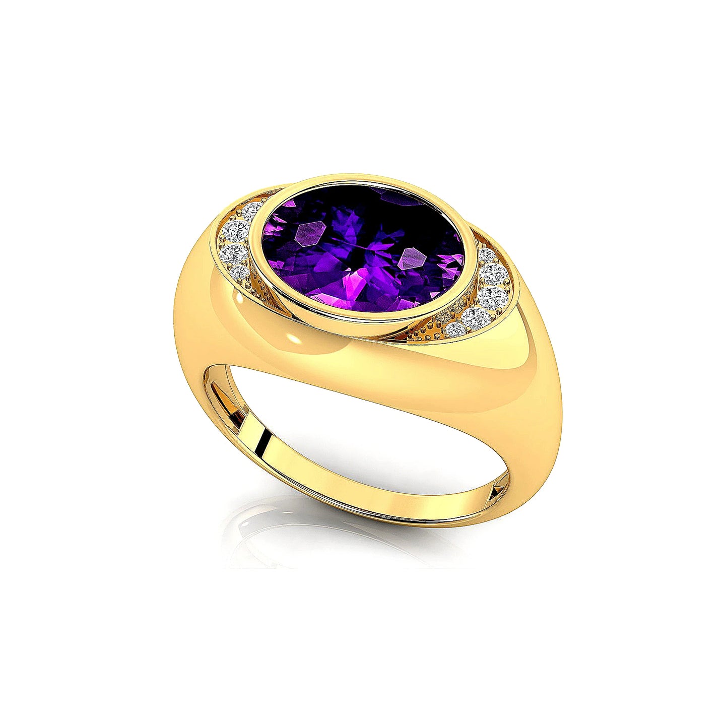 Oval Cut Natural Amethyst Gemstone Ring With 10 Real Diamonds Classic Wedding Engagement Party Ring Solid 14K Gold Rhodium Rings