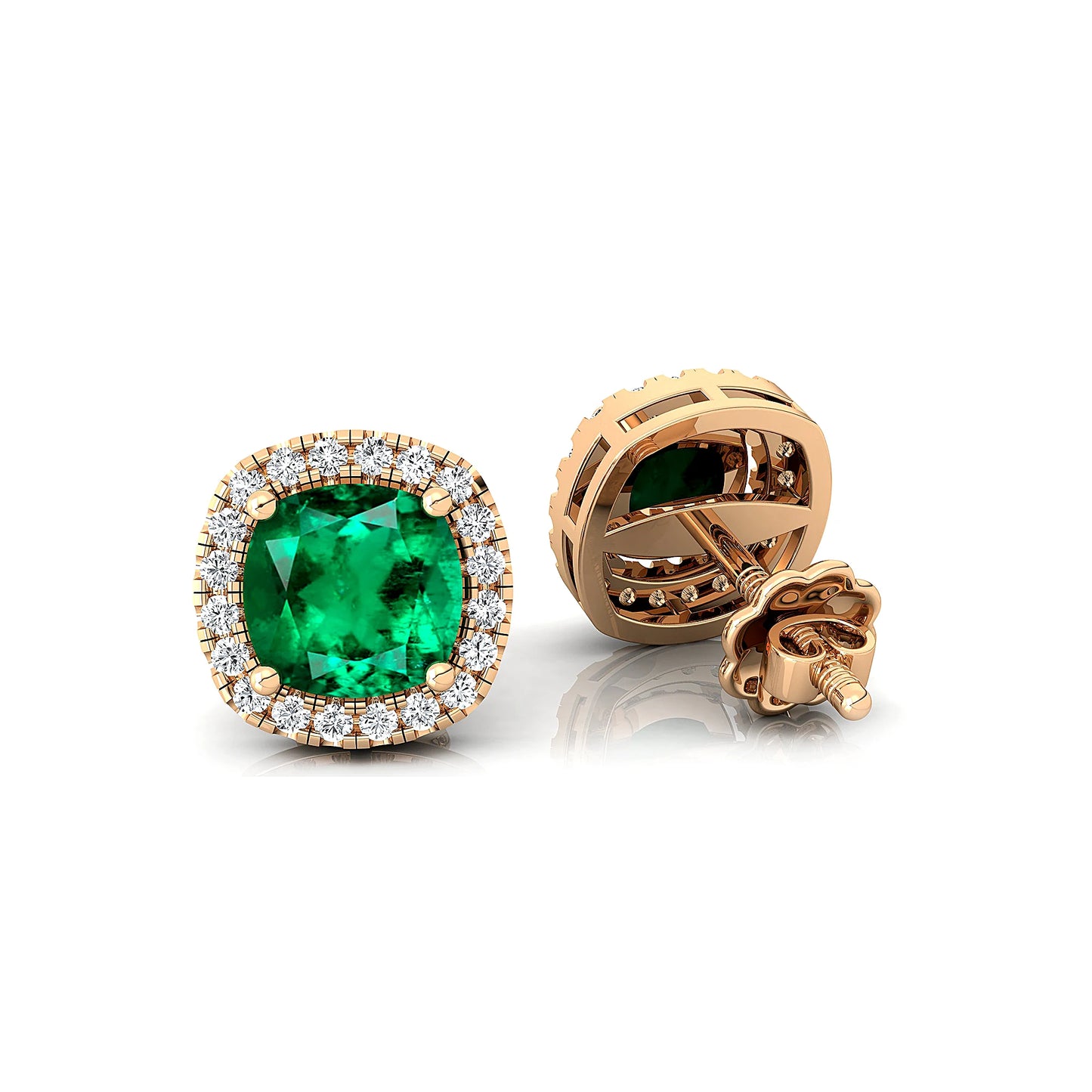 Elegant 18k Solid Gold Halo Studs Earrings Lab Emerald Gemstone & Real Certified Diamonds Fine Handmade Jewelry Gift For Her