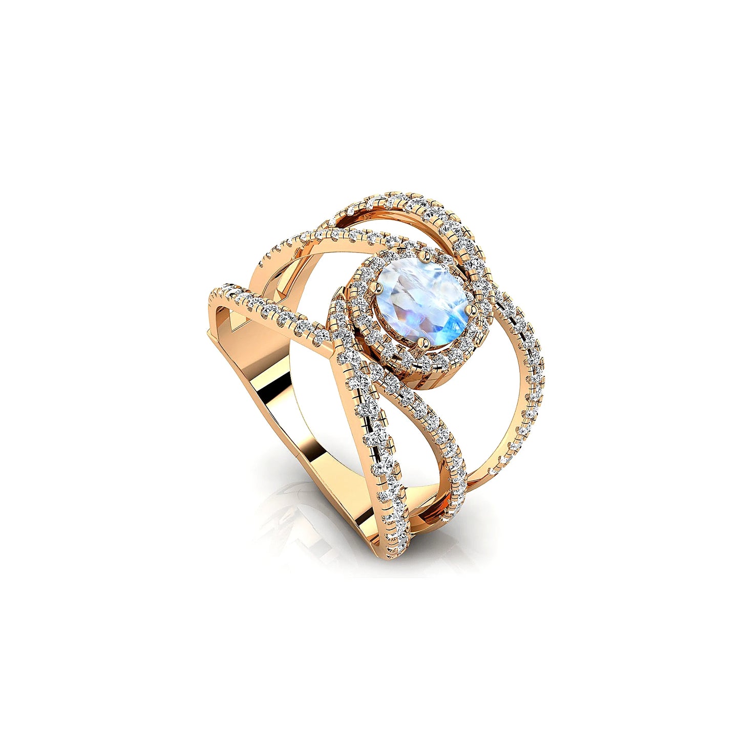 18Kt Solid Gold Women's Birthstone Jewelry Natural Rainbow Moonstone Gemstone Charming Solitaire Halo Ring Classic Wedding Party