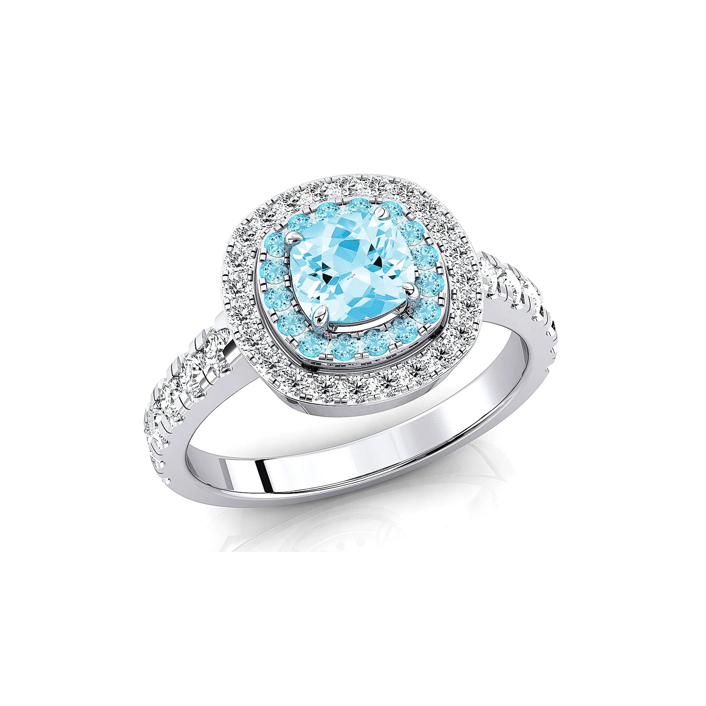 100% Natural Birthstone Aquamarine Gemstone Fine White Diamonds Solid Gold Bulk Double Halo Ring For Wedding and Engagement