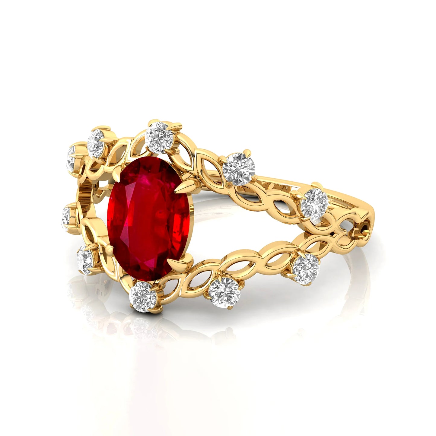 14k Gold Oval Cut Lab Grown Ruby & Real Diamond Statement Rings Luxurious Fine Jewelry Birthstone Unique Boho Design Gold Ring