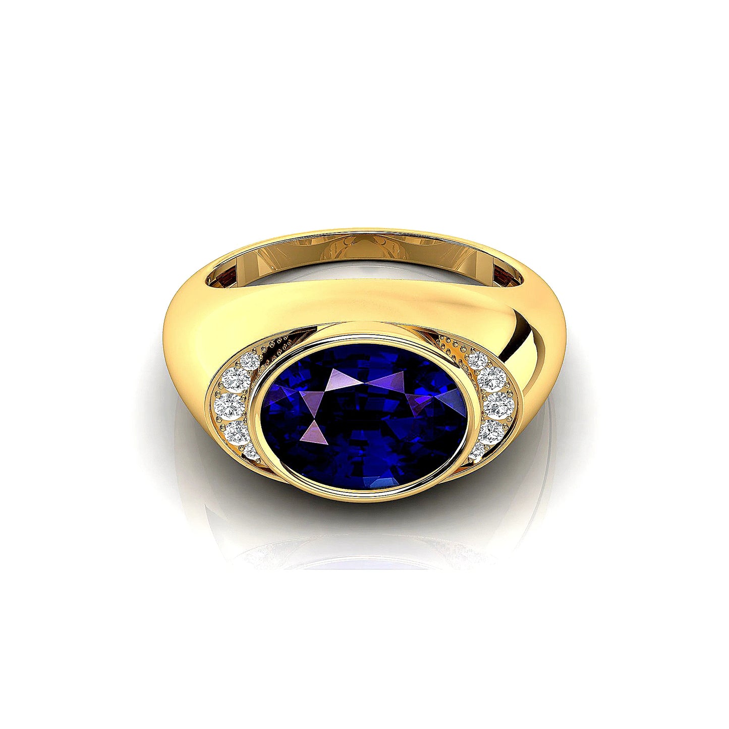 Oval Cut Lab Grown Blue Sapphire Gemstone Solid Gold Rhodium Plated Bezel Setting Ring With Real Diamonds Luxurious Ring Gift