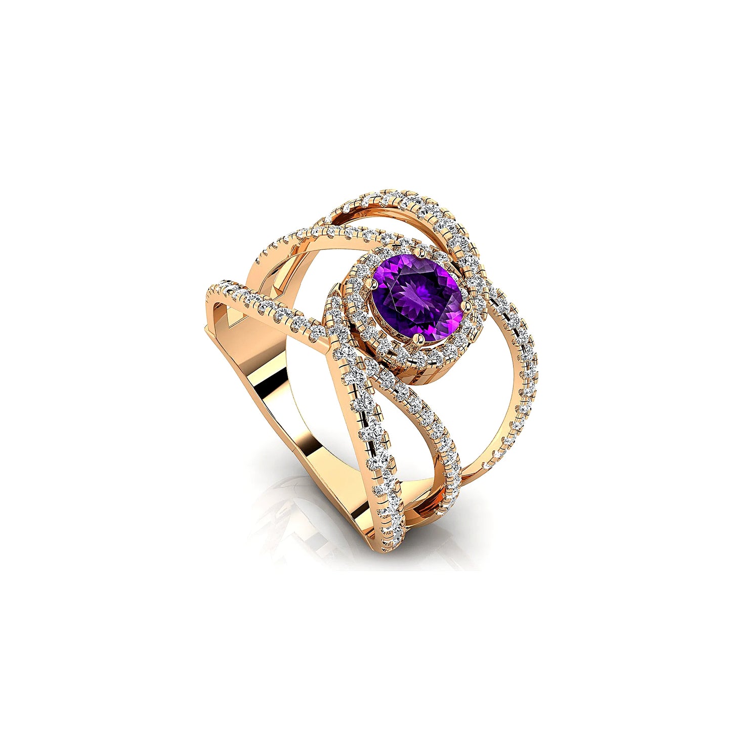 18k Solid Gold VS Wedding Party Statement Cocktail Ring Natural Amethyst Gemstone Real Diamonds Rhodium Plated Prong Setting ODM