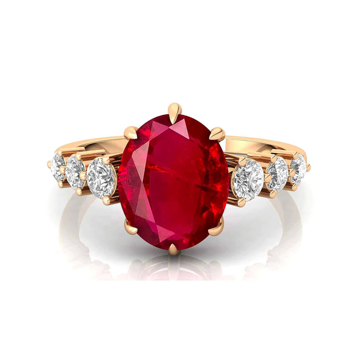14K Gold Oval Cut Lab Grown Ruby & Side Diamond Solitaire Ring Classic Luxury Design Lab Made Ruby & Real Diamonds Wedding Ring