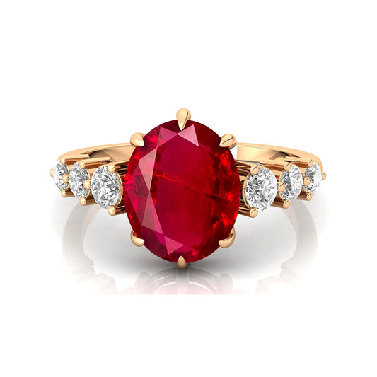 14K Gold Oval Cut Lab Grown Ruby & Side Diamond Solitaire Ring Classic Luxury Design Lab Made Ruby & Real Diamonds Wedding Ring