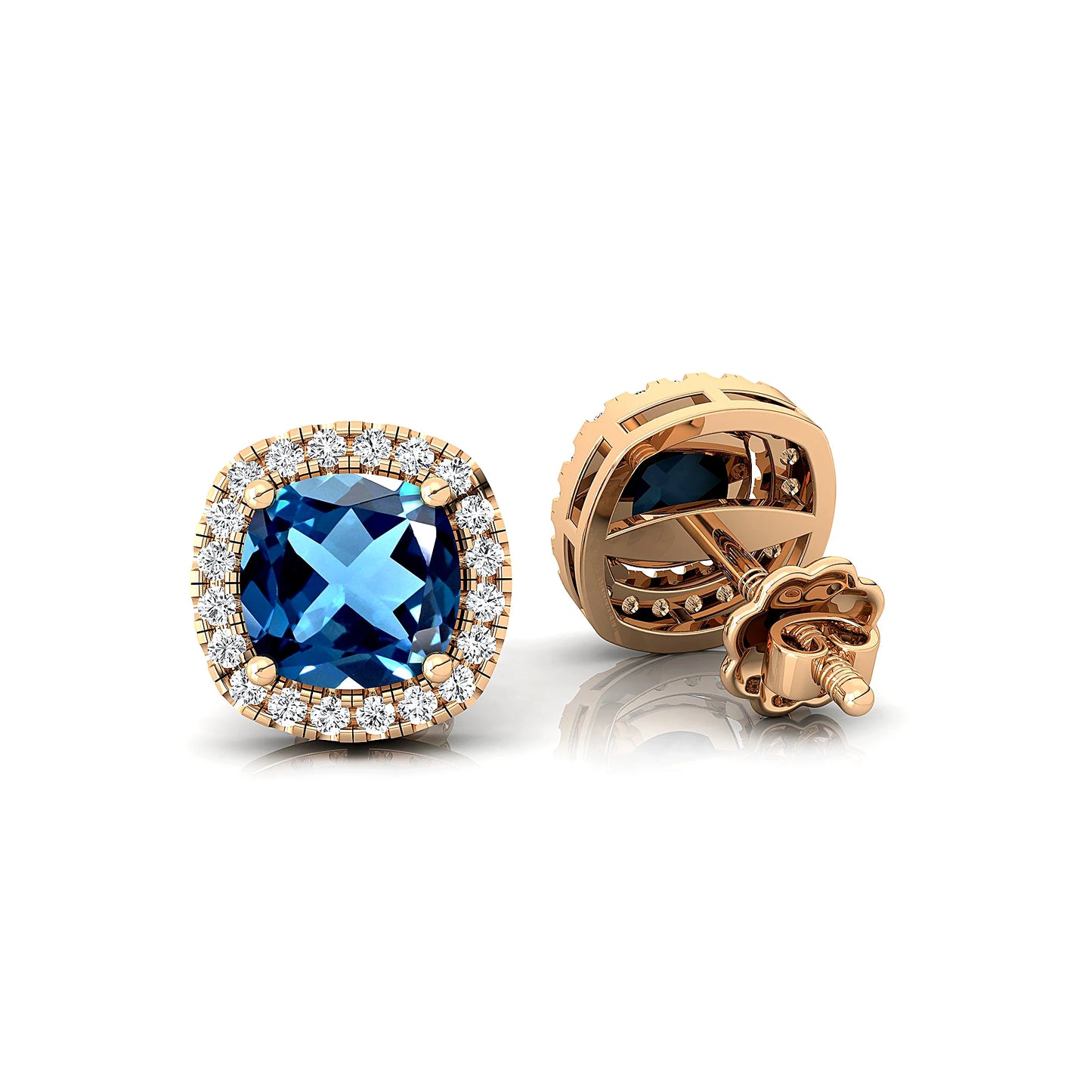 Classic 18k Solid Gold Cute Fashionable Earring Studs Natural London Blue Topaz With Real Diamonds Earrings For Wedding Gift