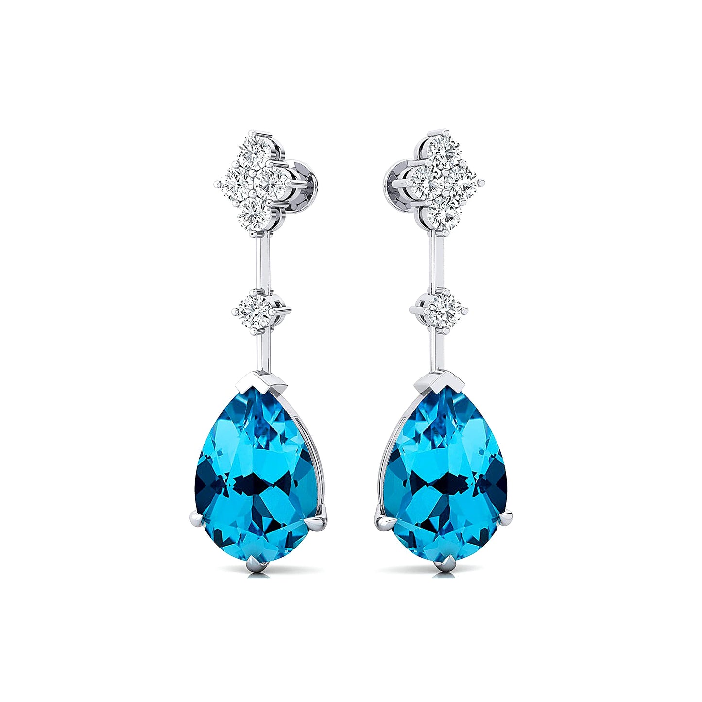 Solid 18k Gold Stud Earrings Pear Cut Natural Swiss Blue Topaz Gemstone Pave Diamonds Genuine Fine Earrings Jewelry Gift For Her