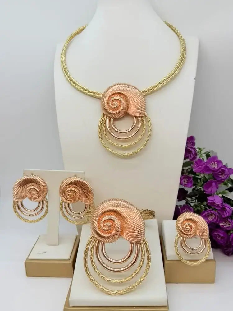 Zhuerrui Gold Plated Spiral Jewelry Set Wholesale Dubai Style African Women Wedding Bridal 4Pcs Full Set Unique Accessory X00163