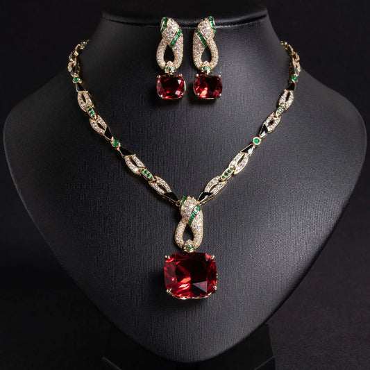 African-Inspired Cubic Zirconia Pendant Necklace & Earrings Set — Green, White, Blue, Red & Turquoise