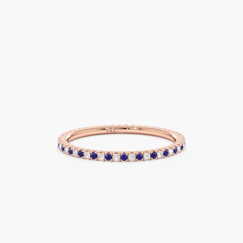 14k Pure Gold Alternating Full Eternity Ring Sapphire Gemstone Women Wedding Engagement Anniversary Party Classic Prong Setting
