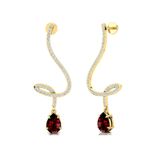 Natural Garnet Gemstone Real Spiral Diamonds Long Dangling Drop Earrings 18K Solid Gold Rhodium Plated Wedding Gift For Her