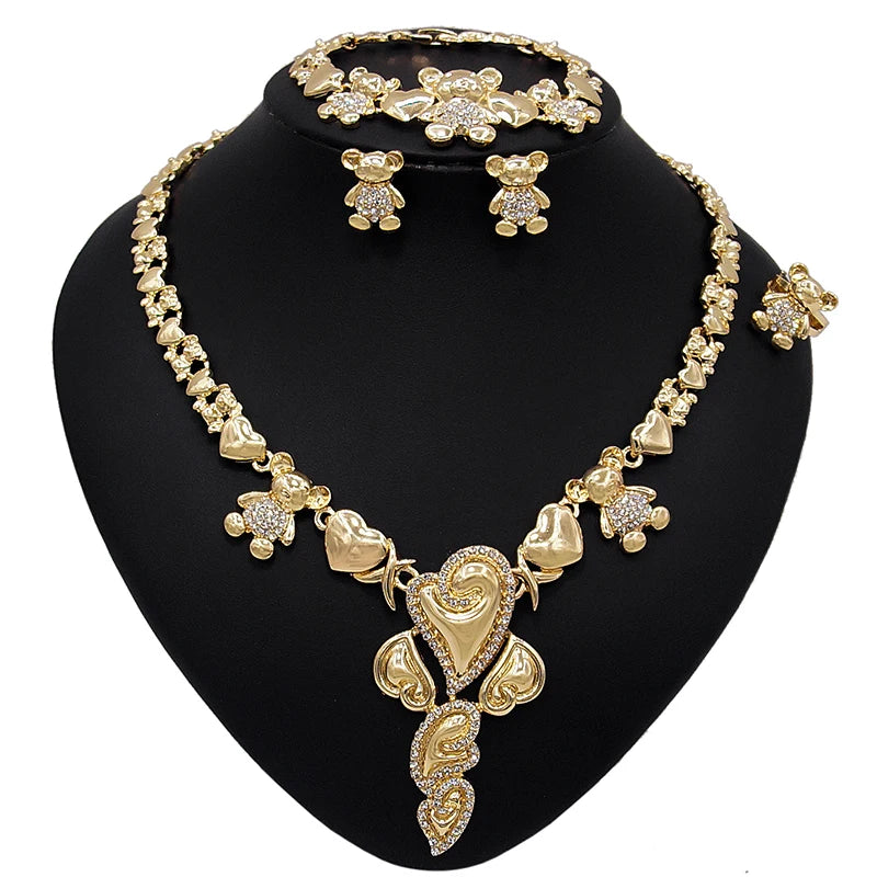 Zhuerrui Newest Design 14K Gold Plated Wedding Party Jewelry Sets I Love You Xo Big Teddy Bear Hug and Kiss Jewelry Set X0077
