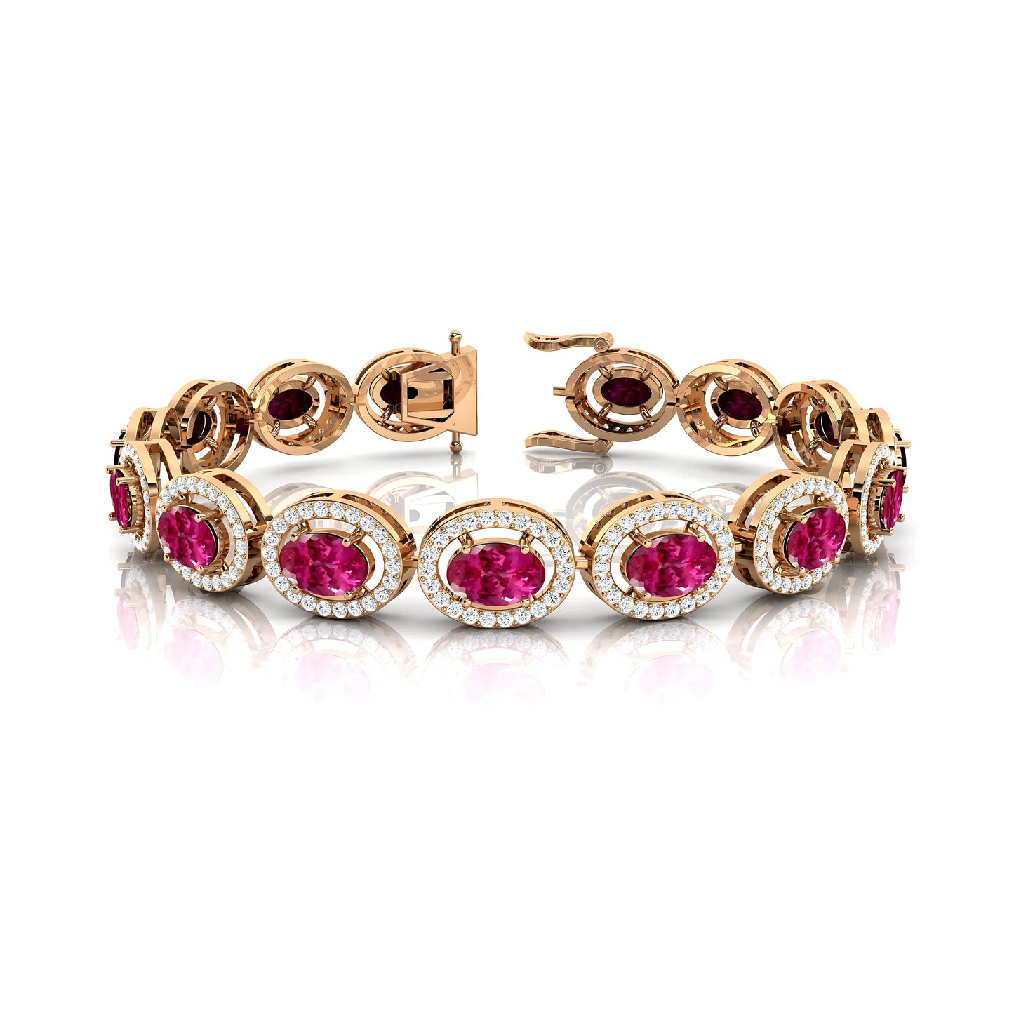 14k Gold Natural Oval Pink Sapphire & Diamond Tennis Bracelet Luxury Elegant Design Bulk Wholesale Fine Jewelry Tennis Bracelets