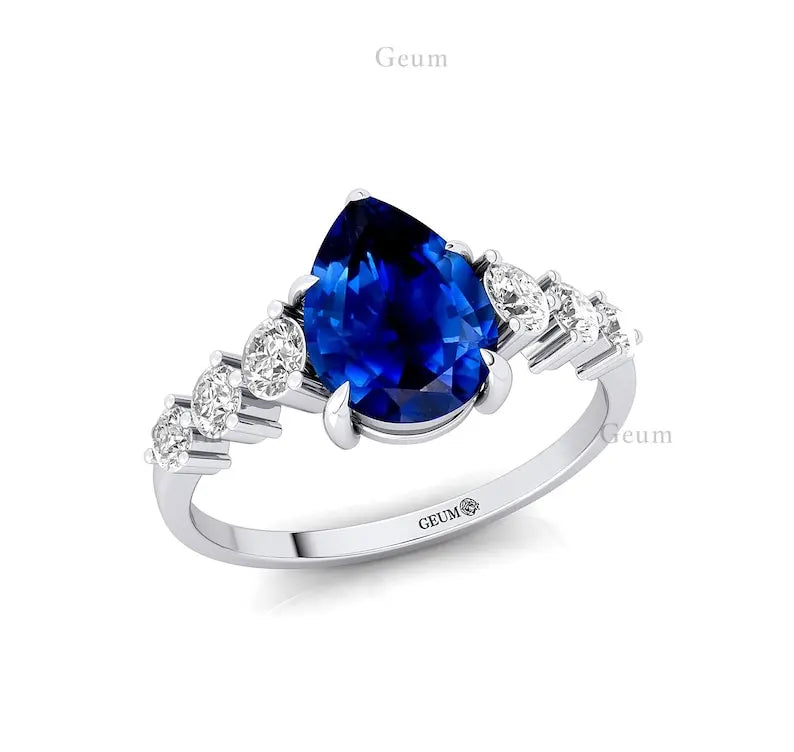 18Kt Gold Classic Lab Grown Blue Sapphire Gemstone Ring For Women Unique Design Diamond Band Wedding Party Wear Rings Jewelry