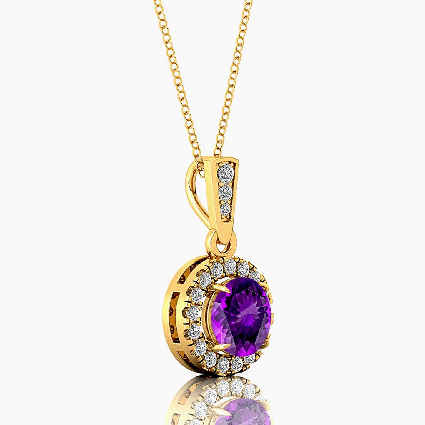 Natural Amethyst Gemstone Cute Minimalist Halo Solitaire Pendant 14K Solid Gold Rhodium Plated Diamond Gift