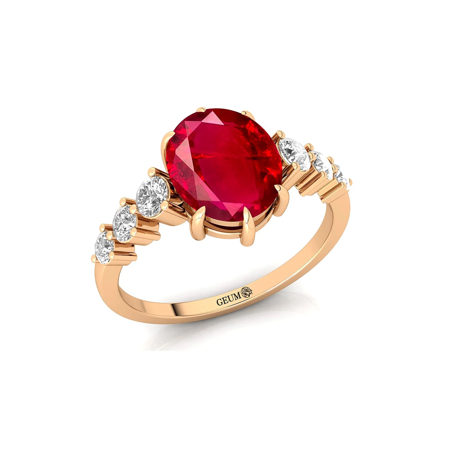 14K Gold Oval Cut Lab Grown Ruby & Side Diamond Solitaire Ring Classic Luxury Design Lab Made Ruby & Real Diamonds Wedding Ring