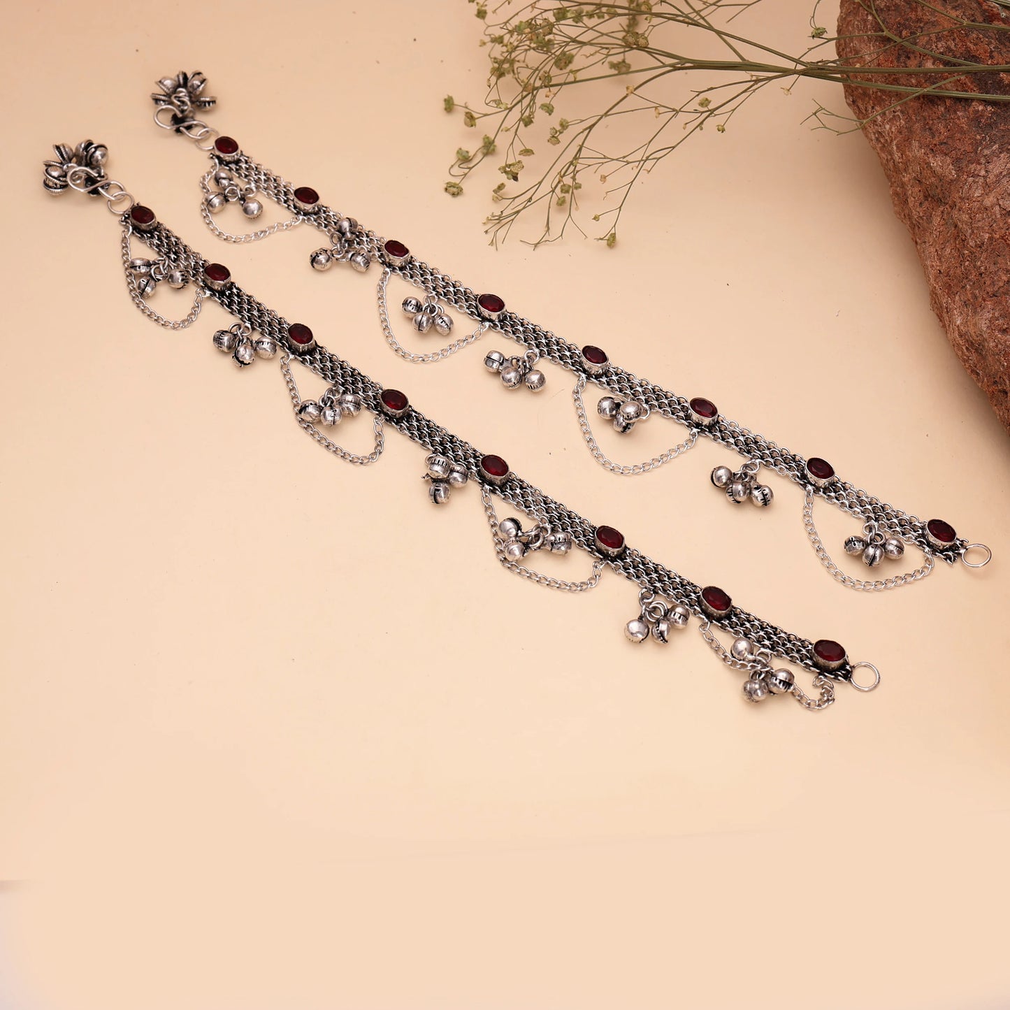 MOQ Available Oxidized Silver Payal Anklet Garnet Red Stones Ghungroo Traditional Rajasthani Wedding Gift Wholesale Supplier