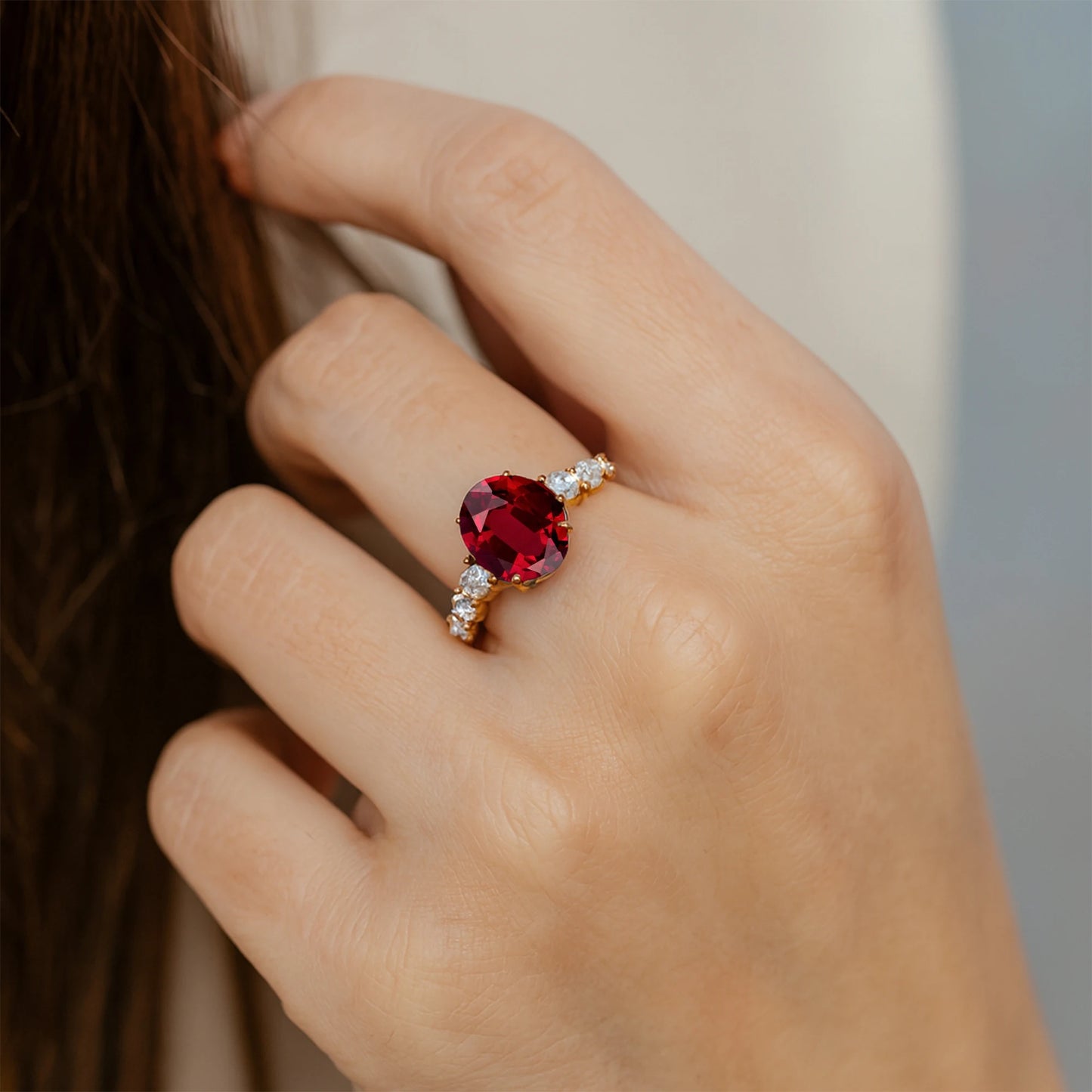 14K Gold Oval Cut Lab Grown Ruby & Side Diamond Solitaire Ring Classic Luxury Design Lab Made Ruby & Real Diamonds Wedding Ring