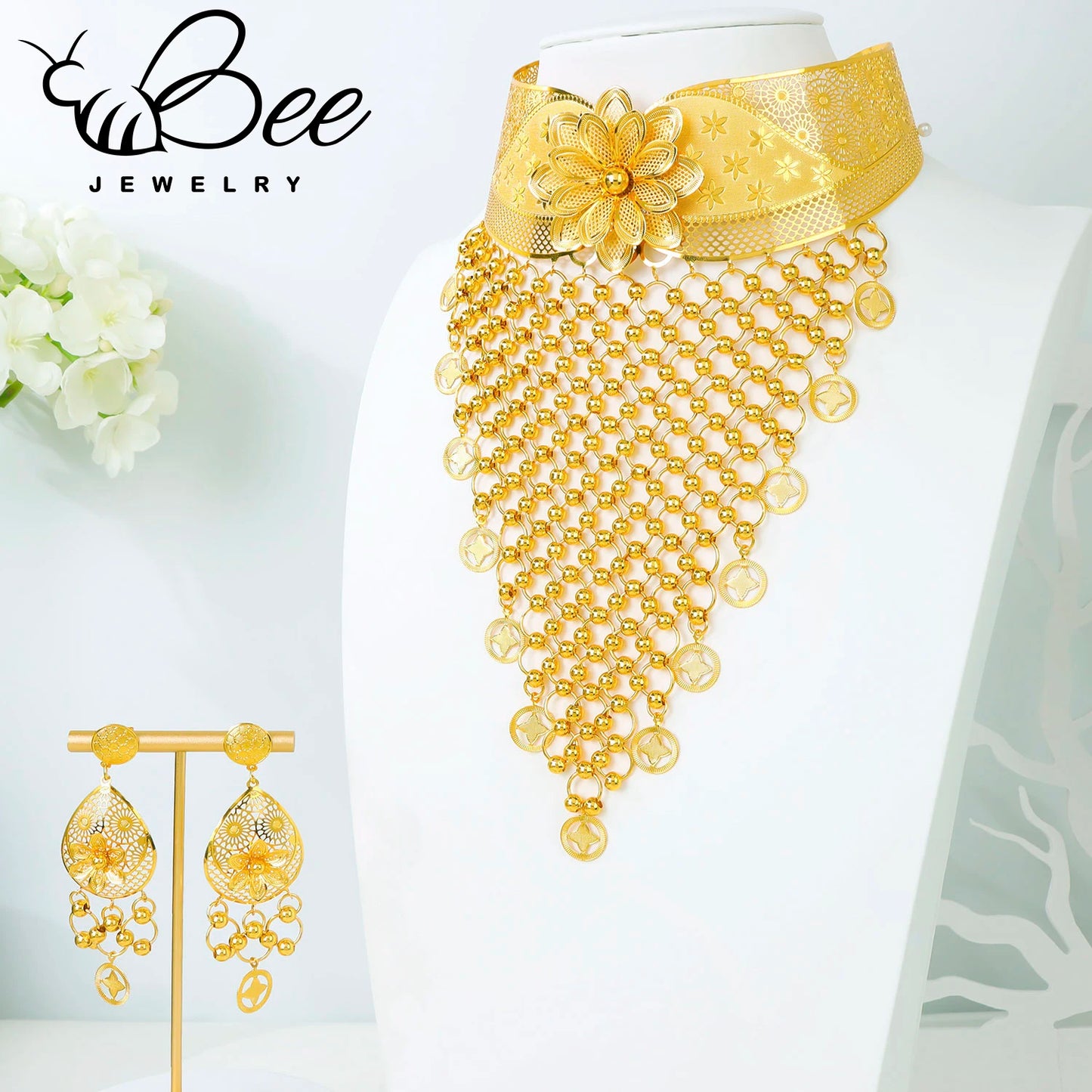Luxury Gold Color Indian Bridal Jewelry Set Hollow Tassel Flower Long Bib Necklace Earrings Sets For Wedding