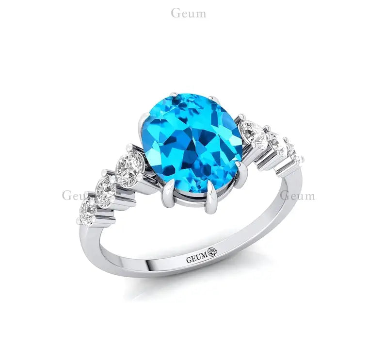 Charming 18K Pure Gold Wedding Engagement Rings Swiss Blue Topaz Gemstone Real Diamonds Classic Bridal Jewelry for Party