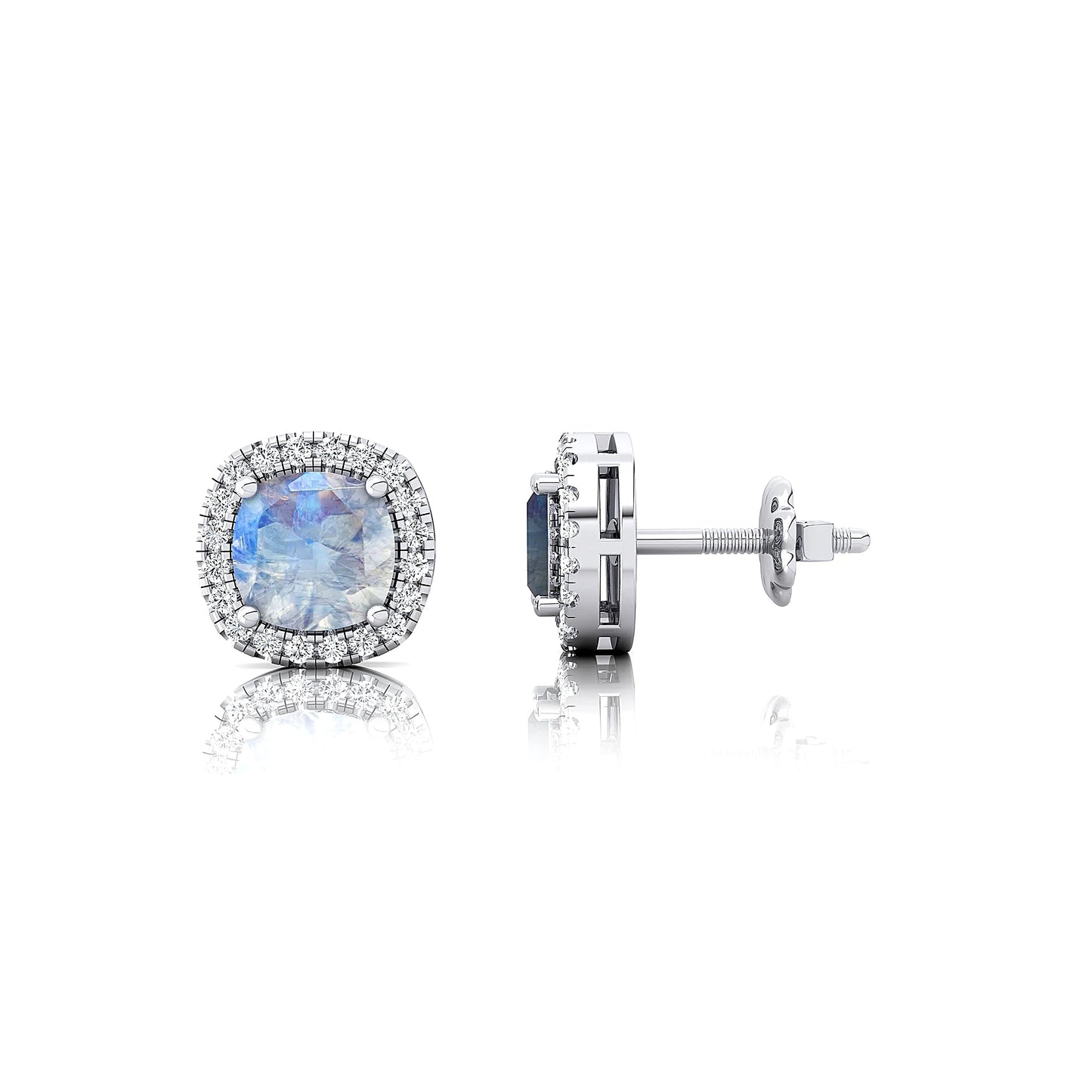 Natural Rainbow Moonstone Cushion Cut Rhodium Plated Push Back Stud Earrings With Real Diamonds 18k Solid Gold Halo Stud Earring