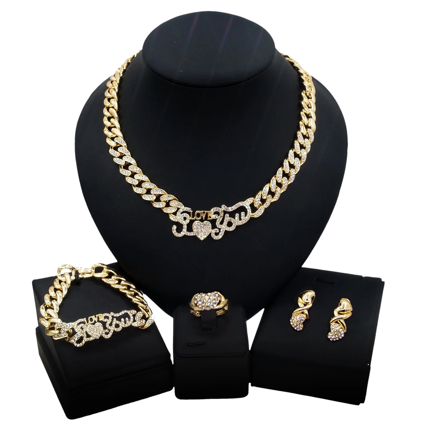 Zhuerrui Fashion Charming Cuban Chain Ladies Jewelry Trend Hip Hop Party Banquet Necklace Bracelet Ring Earring Jewelry SetZ0041