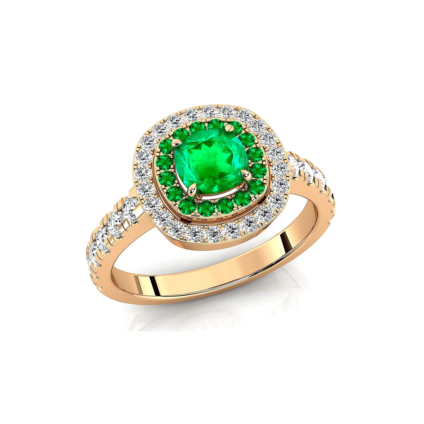 Lab Grown Emerald Gemstone Wedding Rings with Real White Diamonds Cushion Cut Halo Design Premium 18k Solid Gold Rhodium Plated