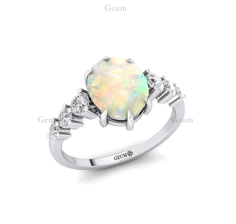 Genuine Natural Diamond Cluster Ring Ethiopian Opal Gemstone Solid 18k White/Yellow/Rose Gold Classic Wedding Fine Jewelry OEM