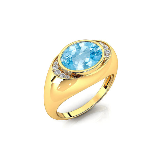 18k Solid Gold Unique Design Luxurious Wedding Signet Rings Studded Natural Aquamarine Gemstone Real Diamonds Rhodium Plated